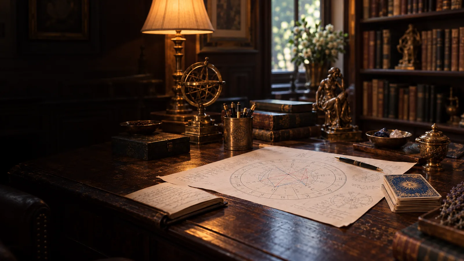 A escrivaninha de Helena Valmont, com o mapa impresso, a esfera armilar e o baralho
