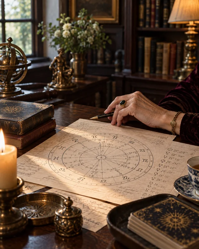 Um mapa astral impresso sobre a mesa, à luz de vela