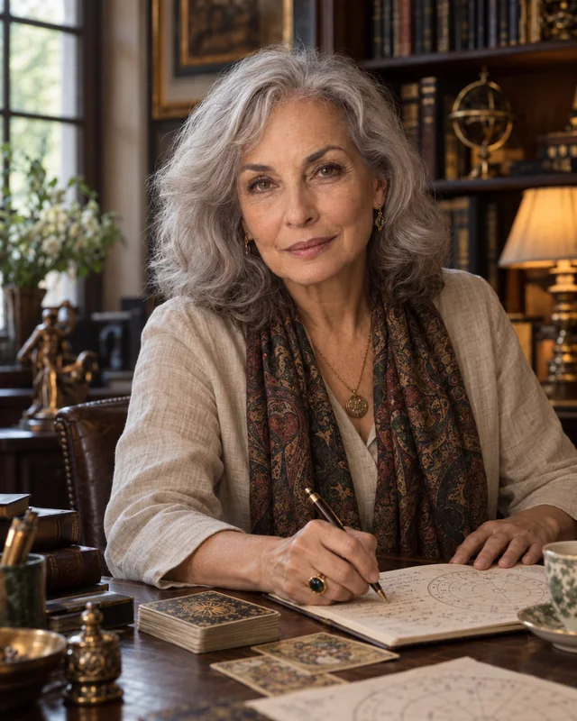 Helena Valmont à mesa do escritório
